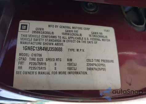 1998 Chevrolet Tahoe Ls z USA, uszkodzony, nr VIN 1GNEC13R4WJ350688